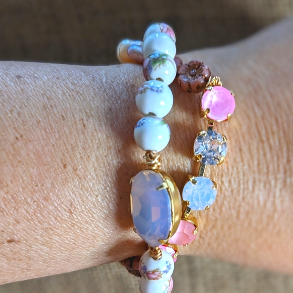 Victorian Darling Pink Opal Swarovski Crystal & Porcelain Beads Layered Bracelet - Picture 5 of 6